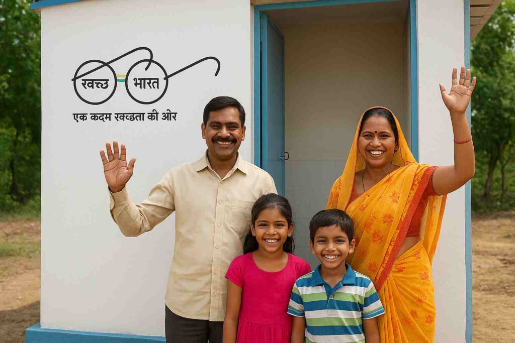 स्वच्छ भारत मिशन के लोगो के साथ एक परिवार अपने नए शौचालय के सामने खुशी से खड़ा है।)